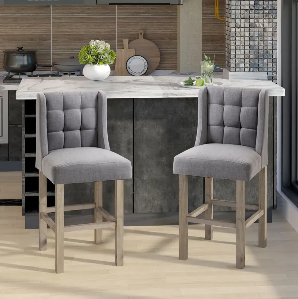 HOMCOM Modern Bar Stools, Tufted Upholstered Barstools, Pub Chairs with Back, Rubber Wood Legs for Kitchen, Dinning Room, Set of 2, Grey