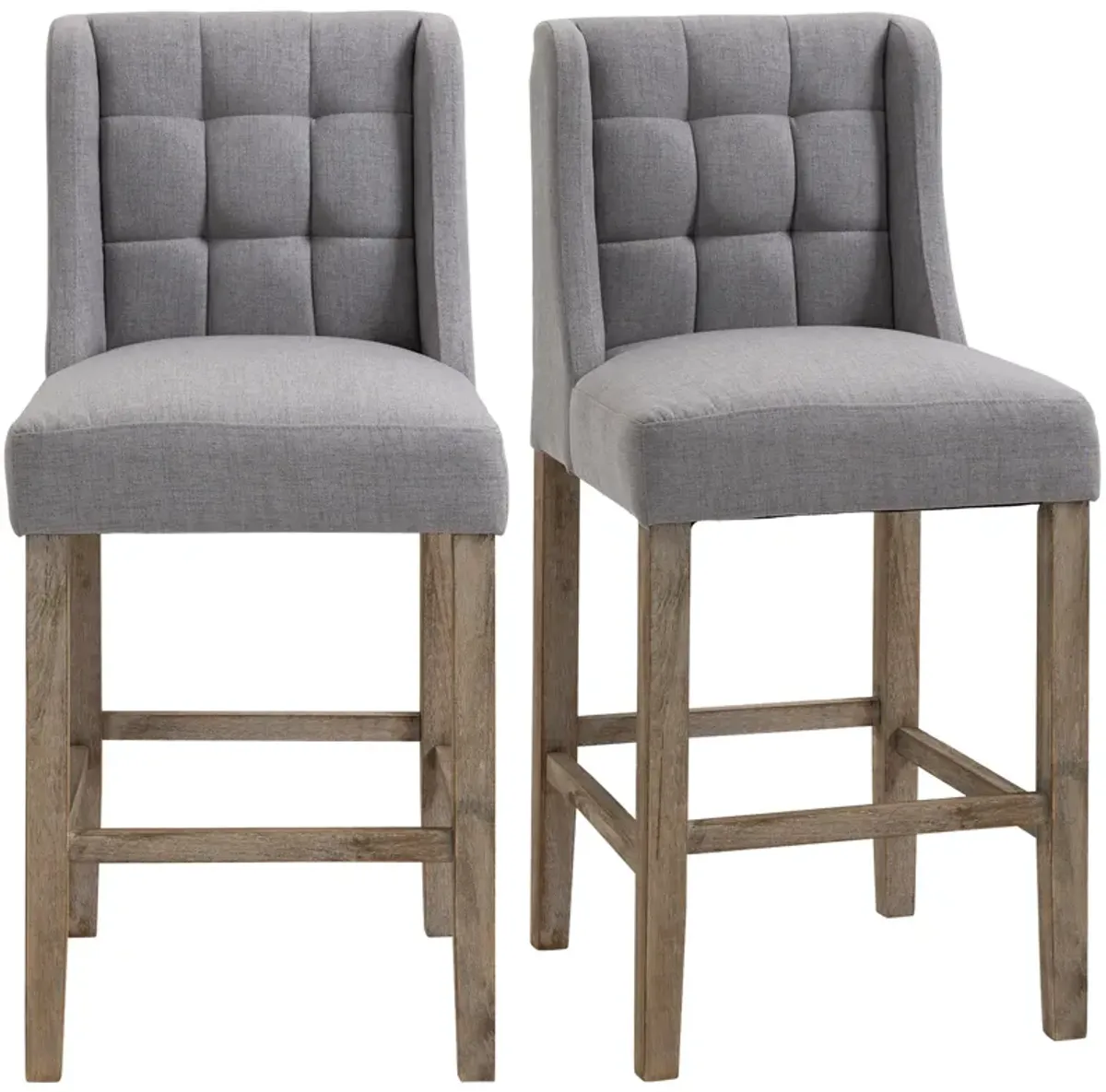 HOMCOM Modern Bar Stools, Tufted Upholstered Barstools, Pub Chairs with Back, Rubber Wood Legs for Kitchen, Dinning Room, Set of 2, Grey