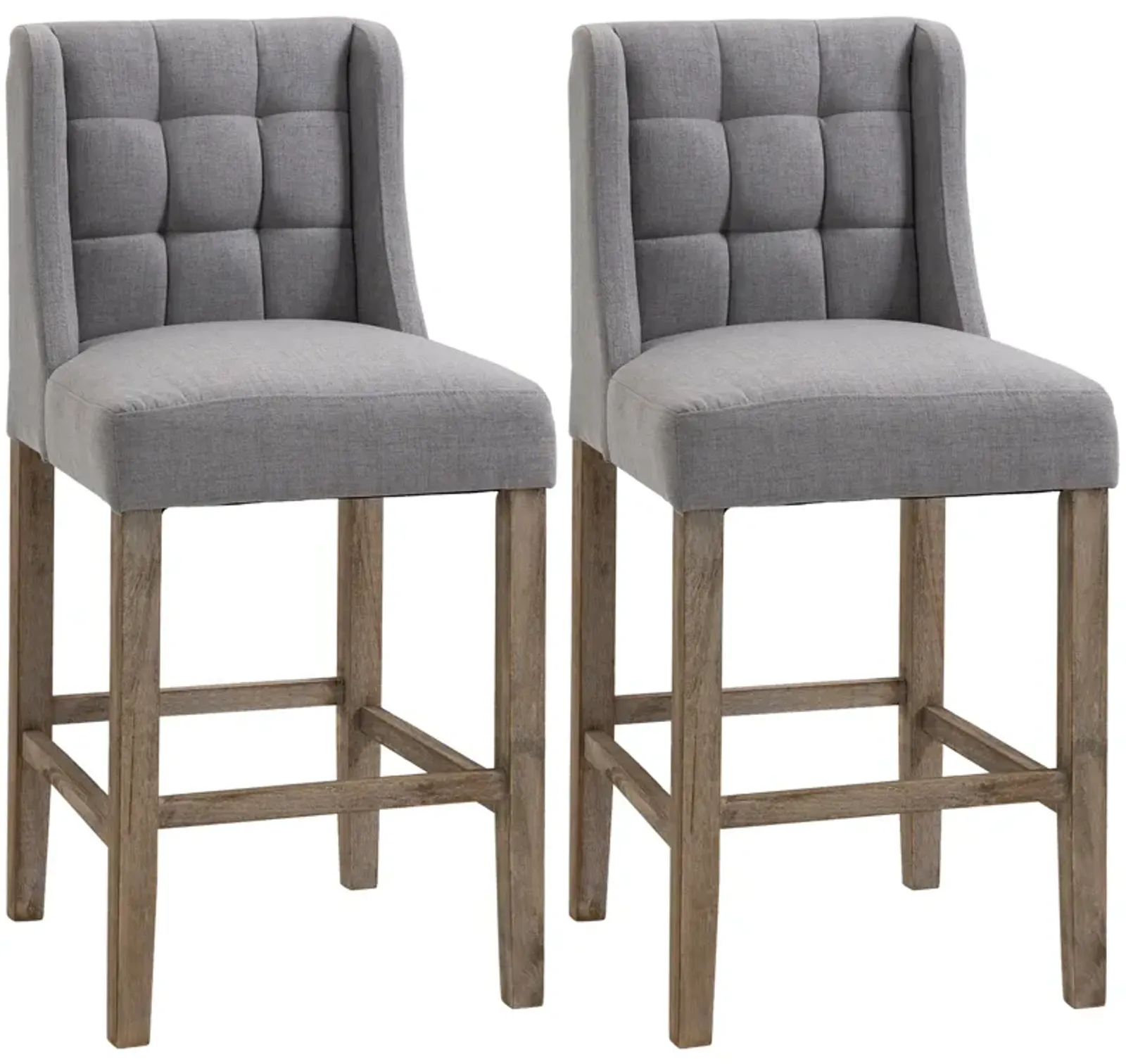 HOMCOM Modern Bar Stools, Tufted Upholstered Barstools, Pub Chairs with Back, Rubber Wood Legs for Kitchen, Dinning Room, Set of 2, Grey