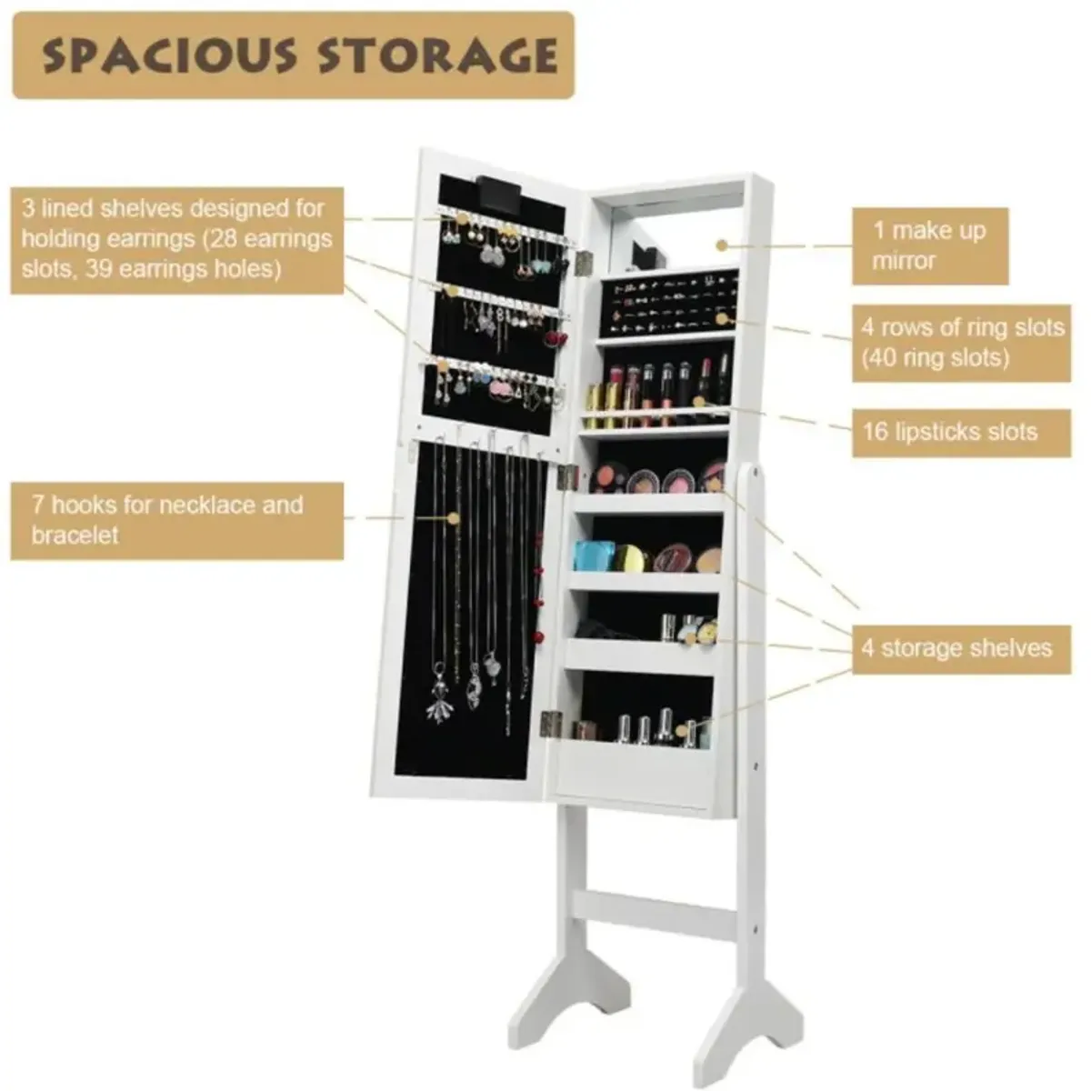 Hivvago Mirrored Jewelry Cabinet Armoire Organizer w/ LED lights