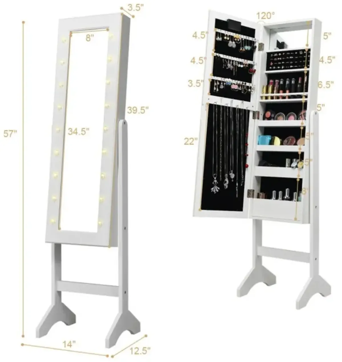 Hivvago Mirrored Jewelry Cabinet Armoire Organizer w/ LED lights