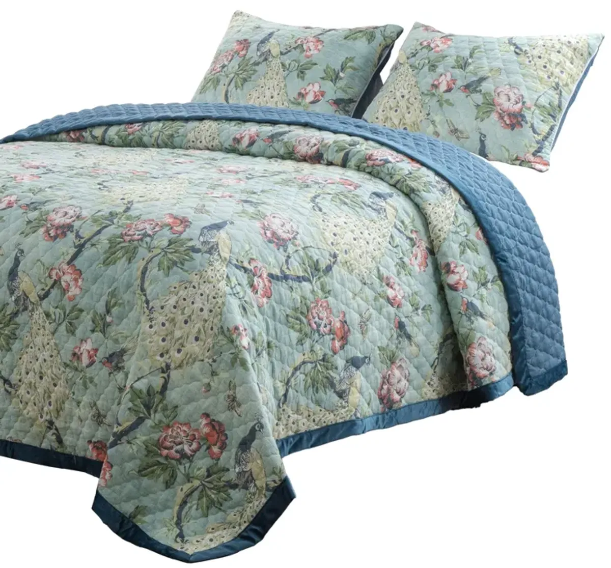 Eden 3 Piece Queen Quilt Set, Peacock and Songbirds, Light Green Microfiber - Benzara