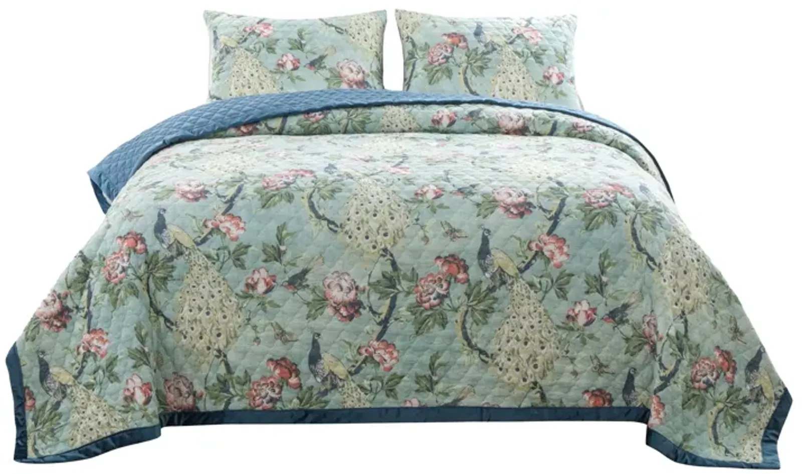 Eden 3 Piece Queen Quilt Set, Peacock and Songbirds, Light Green Microfiber - Benzara