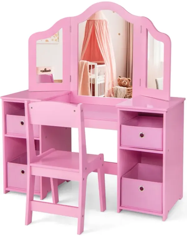 Kids Vanity Table and Chair Set with Removable Mirrors and 4 Storage Bins
