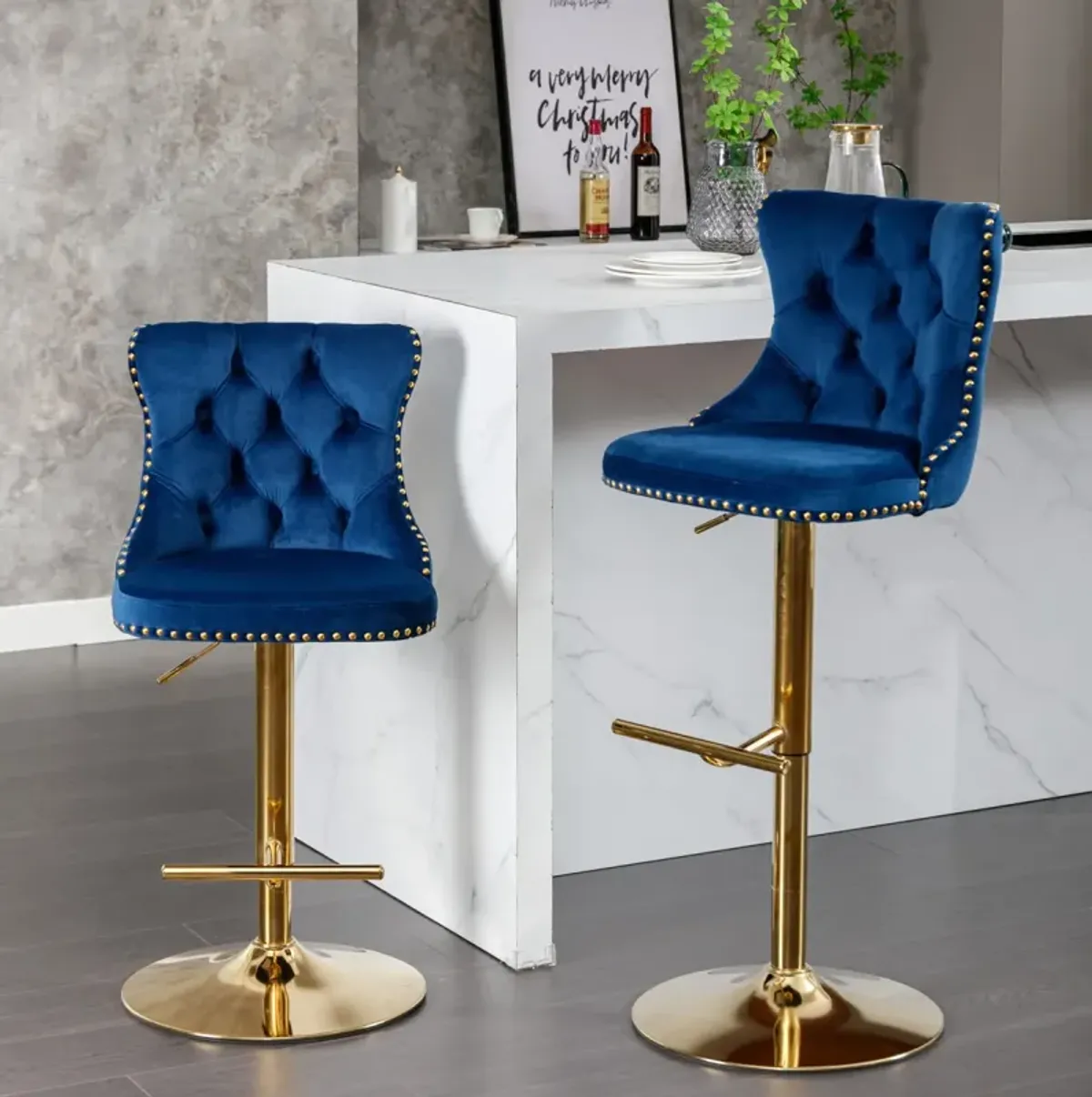 Modern Blue Velvet Bar Stools, Set of 2