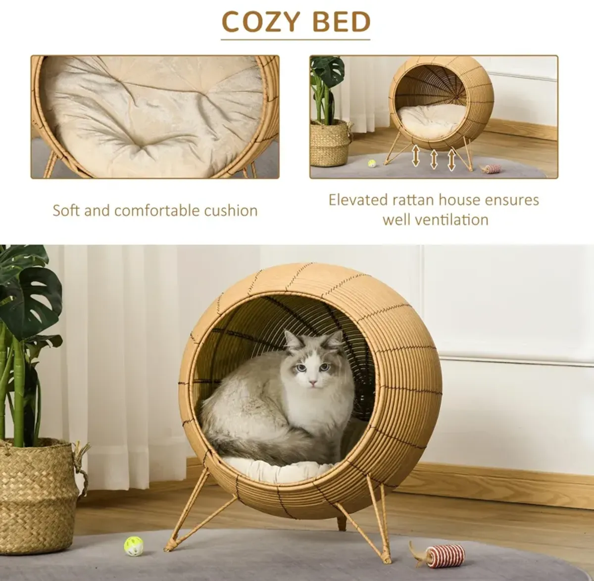 Light Brown Cat Den: Elevated Wicker Pet Bed with Soft Cushion