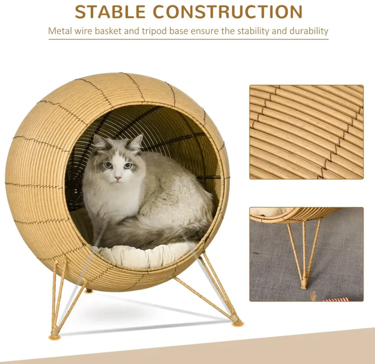 Light Brown Cat Den: Elevated Wicker Pet Bed with Soft Cushion