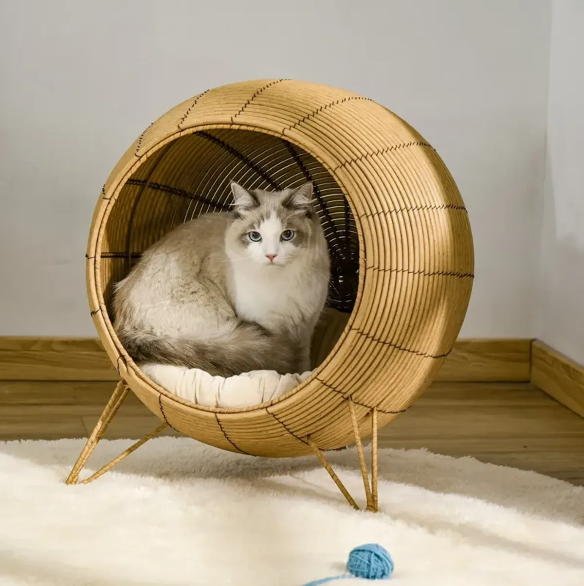 Light Brown Cat Den: Elevated Wicker Pet Bed with Soft Cushion