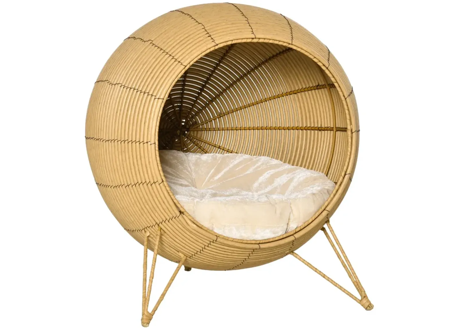 Light Brown Cat Den: Elevated Wicker Pet Bed with Soft Cushion