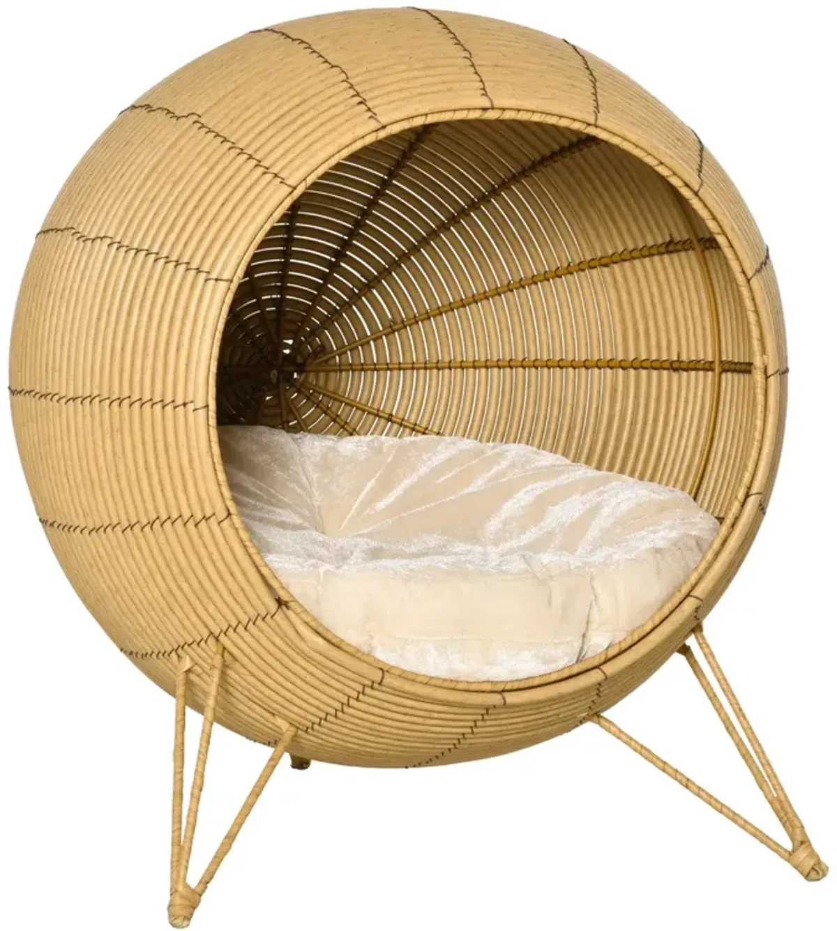 Light Brown Cat Den: Elevated Wicker Pet Bed with Soft Cushion