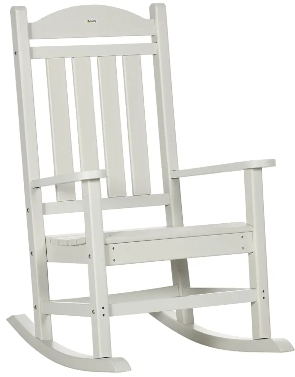 Outsunny Outdoor Rocking Chair, All Weather-Resistant HDPE Rocking Patio Chairs with Rustic High Back, Armrests, Oversized Seat and Slatted Backrest, 350lbs Weight Capacity, White