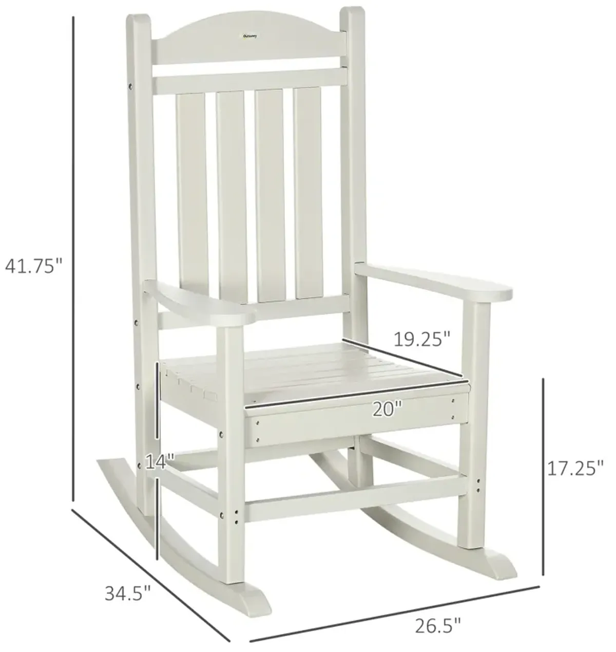 Outsunny Outdoor Rocking Chair, All Weather-Resistant HDPE Rocking Patio Chairs with Rustic High Back, Armrests, Oversized Seat and Slatted Backrest, 350lbs Weight Capacity, White