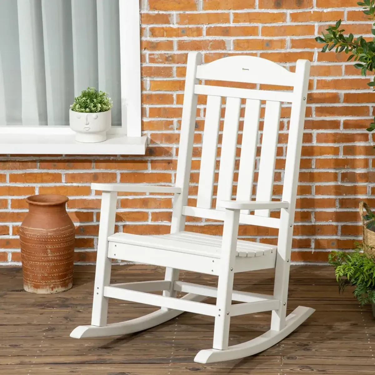 Outsunny Outdoor Rocking Chair, All Weather-Resistant HDPE Rocking Patio Chairs with Rustic High Back, Armrests, Oversized Seat and Slatted Backrest, 350lbs Weight Capacity, White