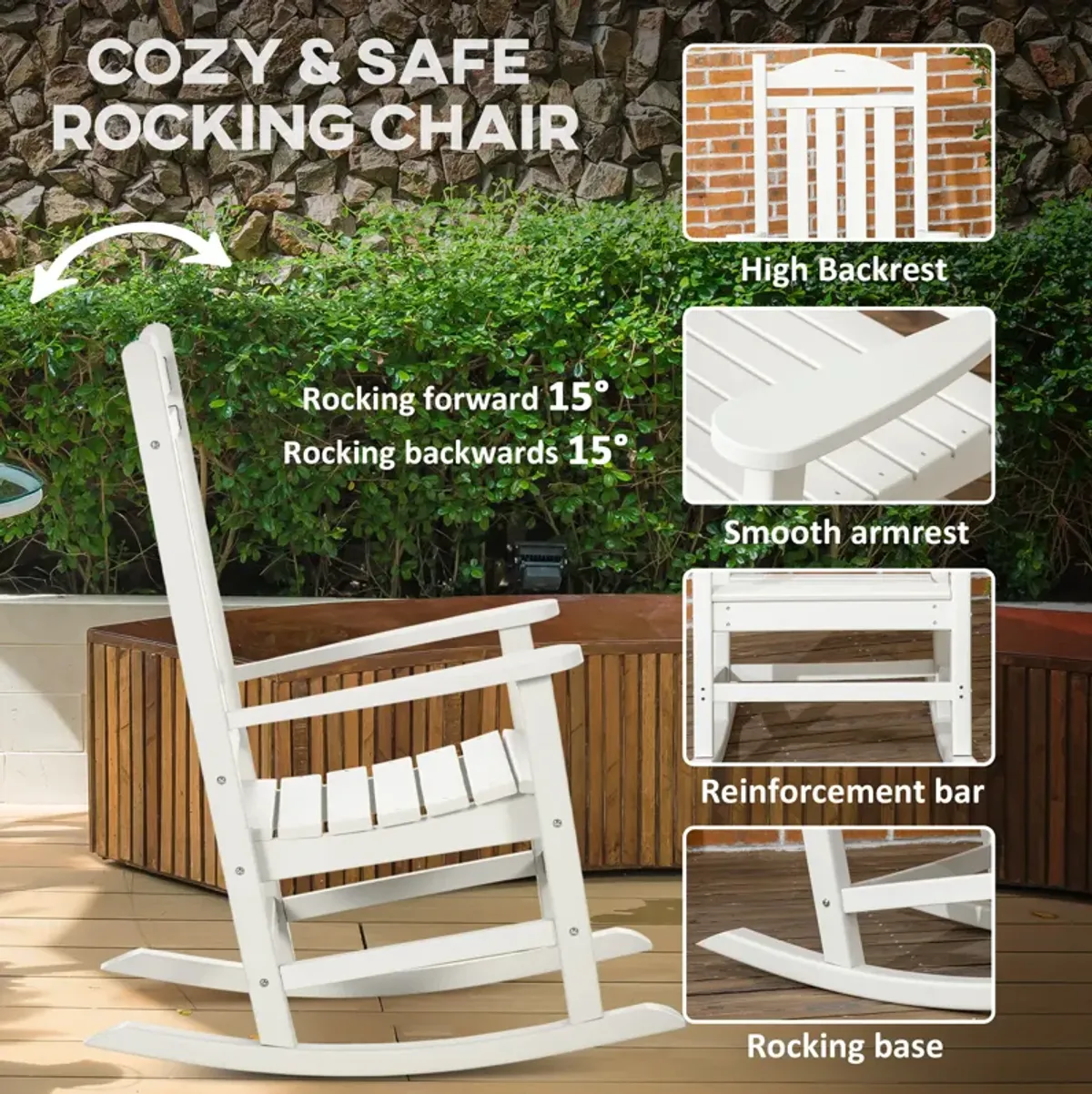 Outsunny Outdoor Rocking Chair, All Weather-Resistant HDPE Rocking Patio Chairs with Rustic High Back, Armrests, Oversized Seat and Slatted Backrest, 350lbs Weight Capacity, White