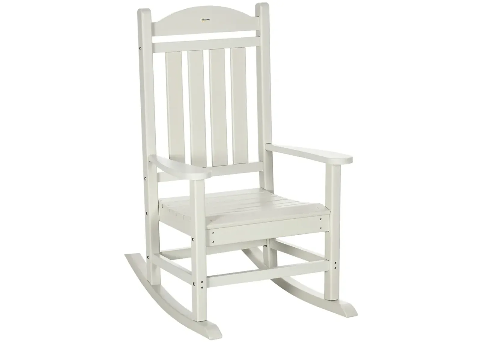 Outsunny Outdoor Rocking Chair, All Weather-Resistant HDPE Rocking Patio Chairs with Rustic High Back, Armrests, Oversized Seat and Slatted Backrest, 350lbs Weight Capacity, White