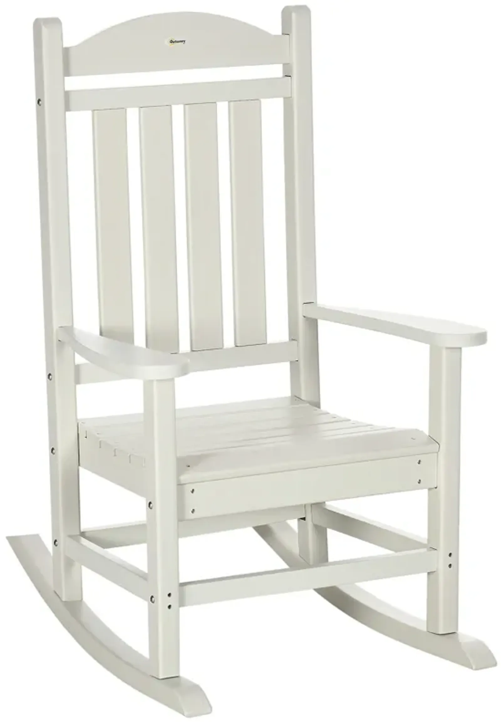 Outsunny Outdoor Rocking Chair, All Weather-Resistant HDPE Rocking Patio Chairs with Rustic High Back, Armrests, Oversized Seat and Slatted Backrest, 350lbs Weight Capacity, White