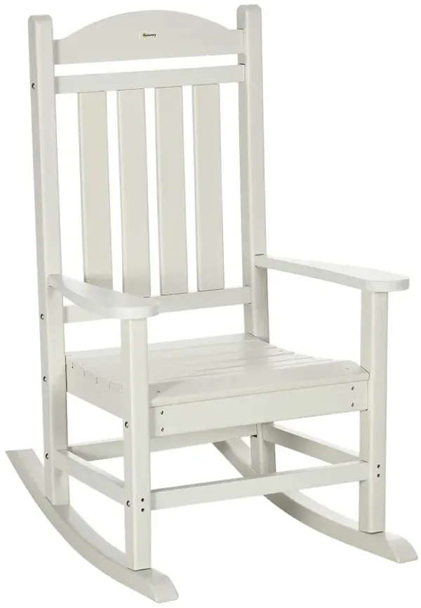 Outsunny Outdoor Rocking Chair, All Weather-Resistant HDPE Rocking Patio Chairs with Rustic High Back, Armrests, Oversized Seat and Slatted Backrest, 350lbs Weight Capacity, White