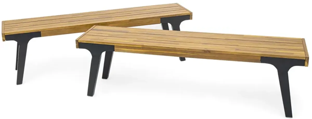 Sheldon Outdoor Bench Set of 2, Slat Panel, 63 Inch Brown Wood, Black - Benzara