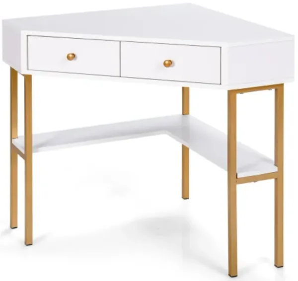 Space Saving Corner Computer Desk with 2 Large Drawers and Storage Shelf