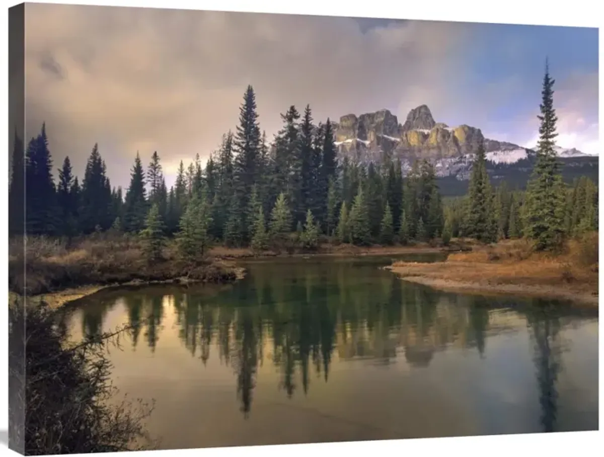 Castle Mountain and boreal forest reflected in lake, Alberta, Canada-Canvas Art-32x24