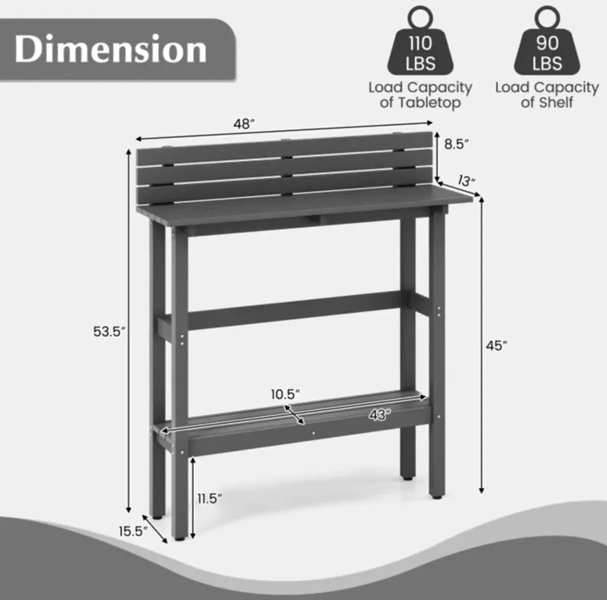 Hivvago 48" Patio Pub Height Table with Storage Shelf and Adjustable Foot Pads