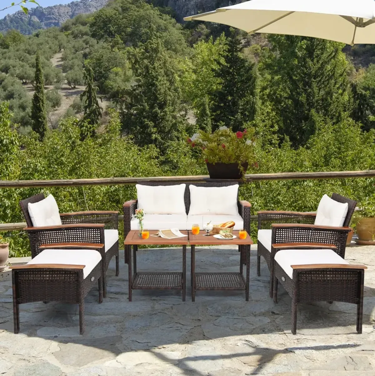 7 Pieces Patio Rattan Cushioned Conversation Furniture Set