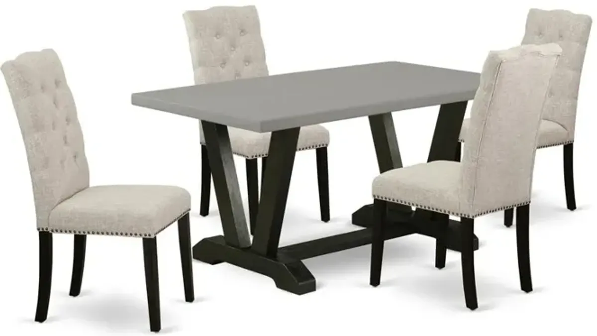 East West Furniture 5-Piece Kitchen Dining Table Set Included 4 Modern Dining chairs Upholstered Seat and High Button Tufted Chair Back and Rectangular Dining room Table with Cement Color Mid Century
