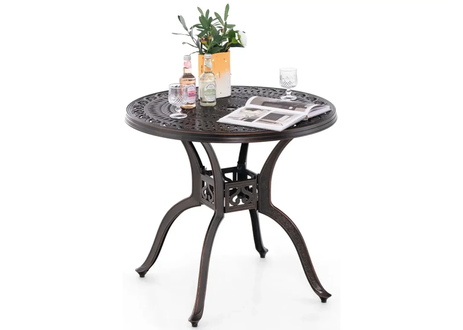 31.5 Inch Cast Aluminum Table Patio Round Dining Table with Umbrella Hole