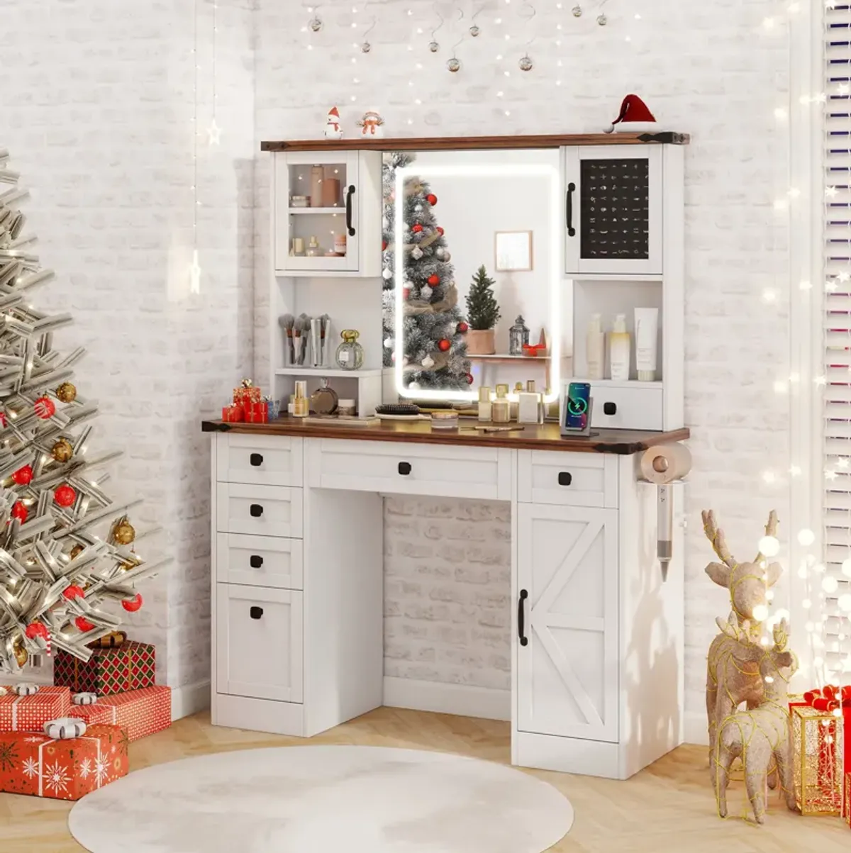 Farmhouse Vanity Desk with Lighted Mirror and 3 Doors