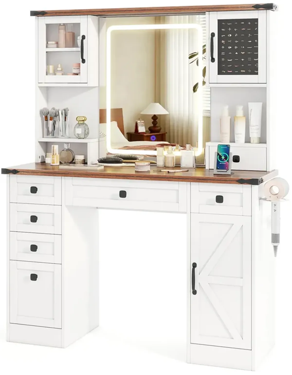 Farmhouse Vanity Desk with Lighted Mirror and 3 Doors