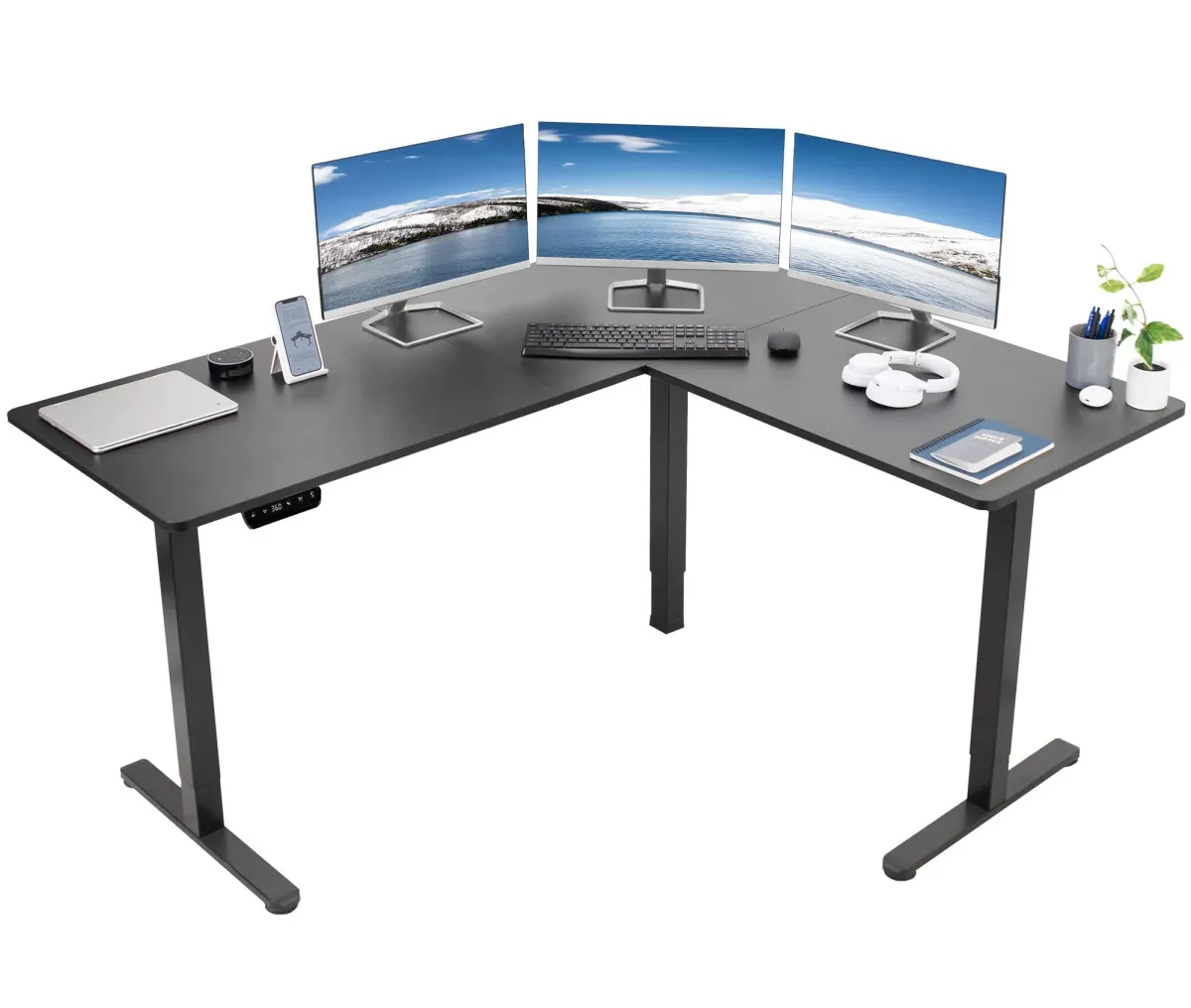 VIVO Electric Height Adjustable 63 x 55 inch Corner Stand Up Desk, White Table Top, White Frame, L-Shaped Standing Workstation,
