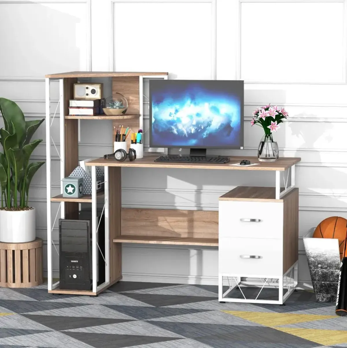 Multitasking Desk: 52" White Computer Workstation with Storage Tower