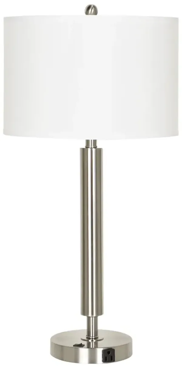 Metal Table Lamp with Fabric Drum Shade, White and Silver - Benzara