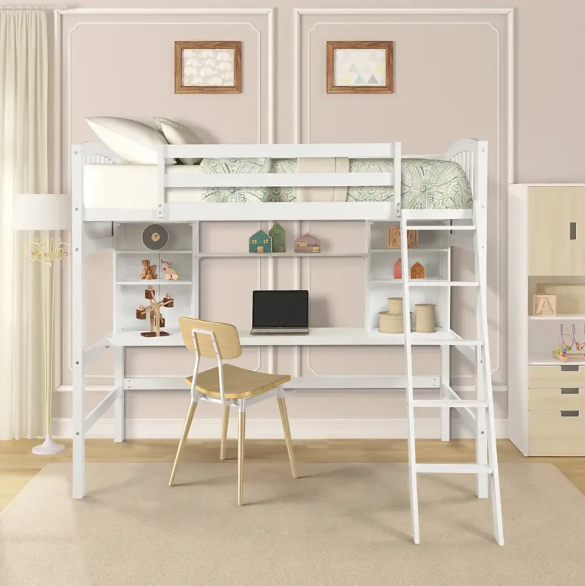 Twin Size Loft Bed With Storage Shelves, Desk And Ladder