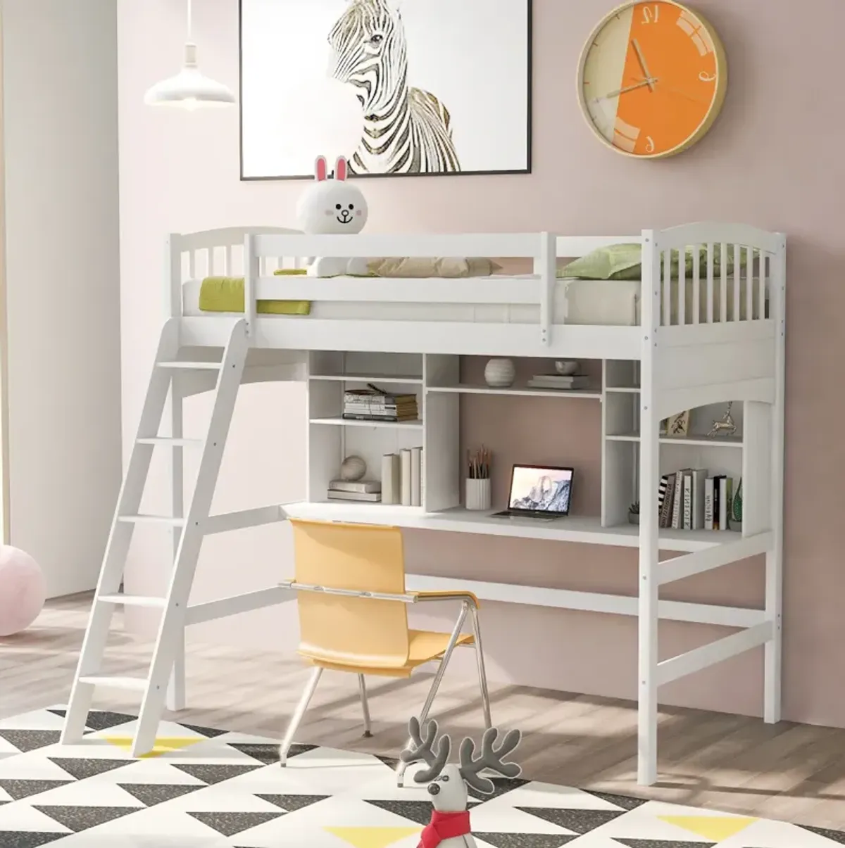 Twin Size Loft Bed With Storage Shelves, Desk And Ladder