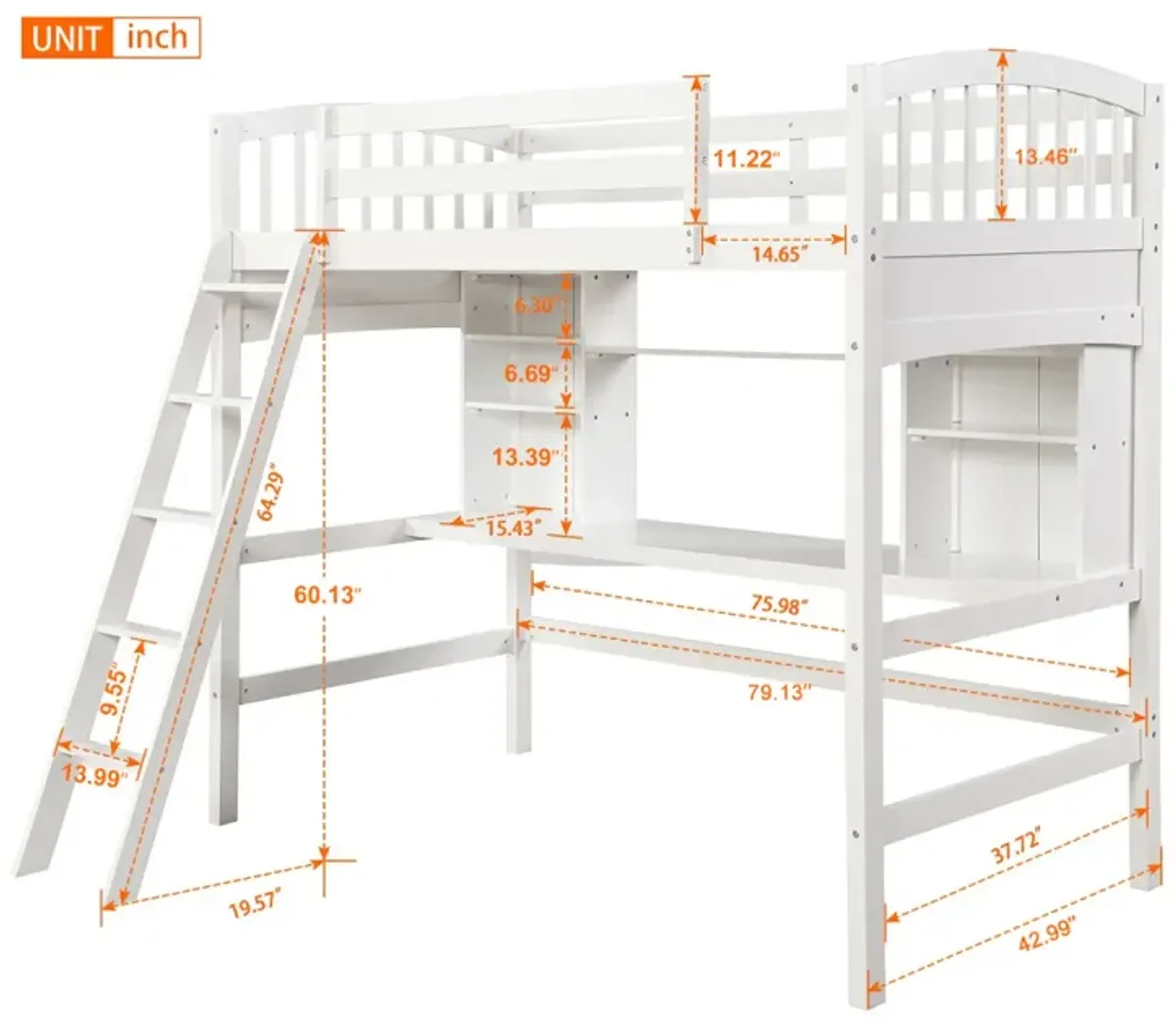 Twin Size Loft Bed With Storage Shelves, Desk And Ladder