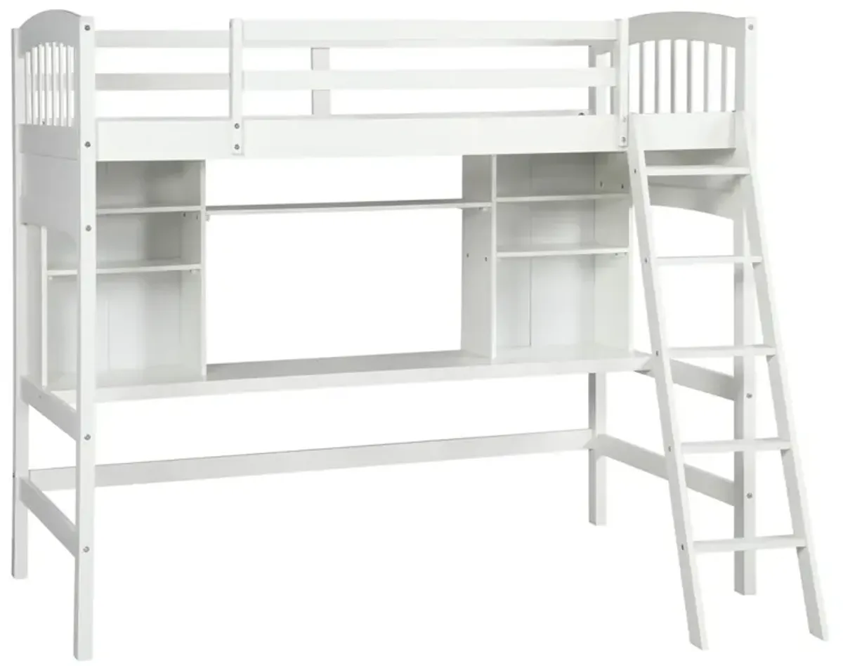 Twin Size Loft Bed With Storage Shelves, Desk And Ladder