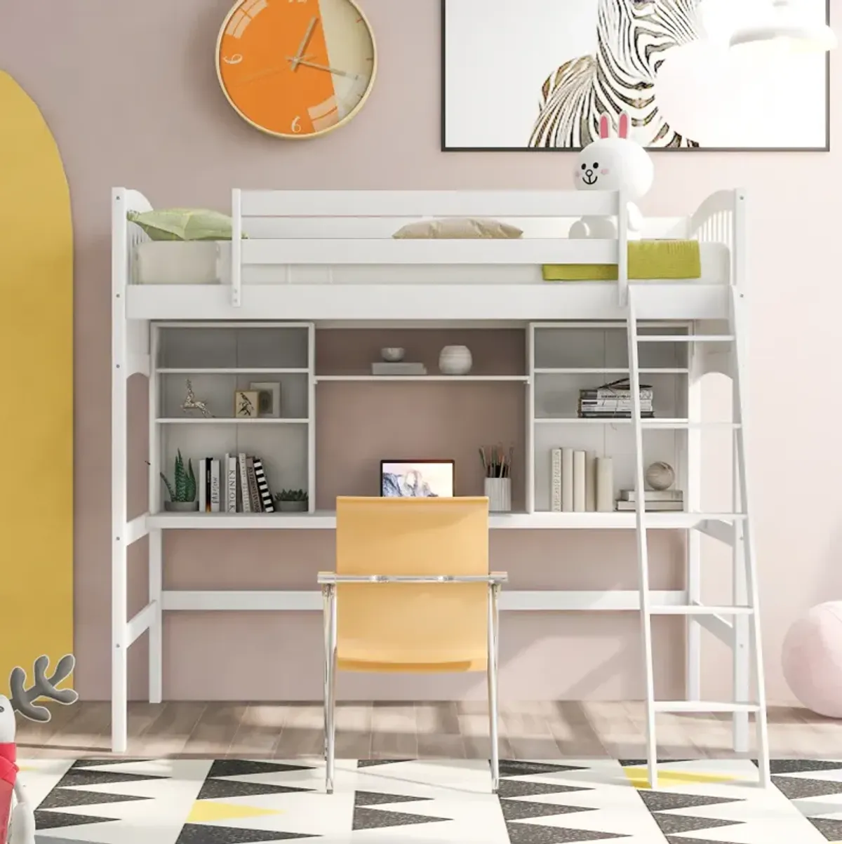 Twin Size Loft Bed With Storage Shelves, Desk And Ladder