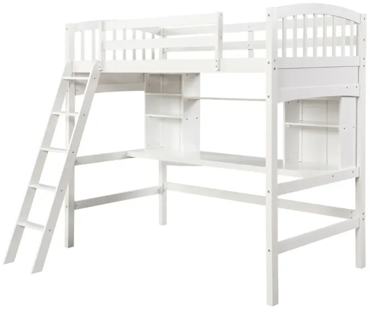 Twin Size Loft Bed With Storage Shelves, Desk And Ladder