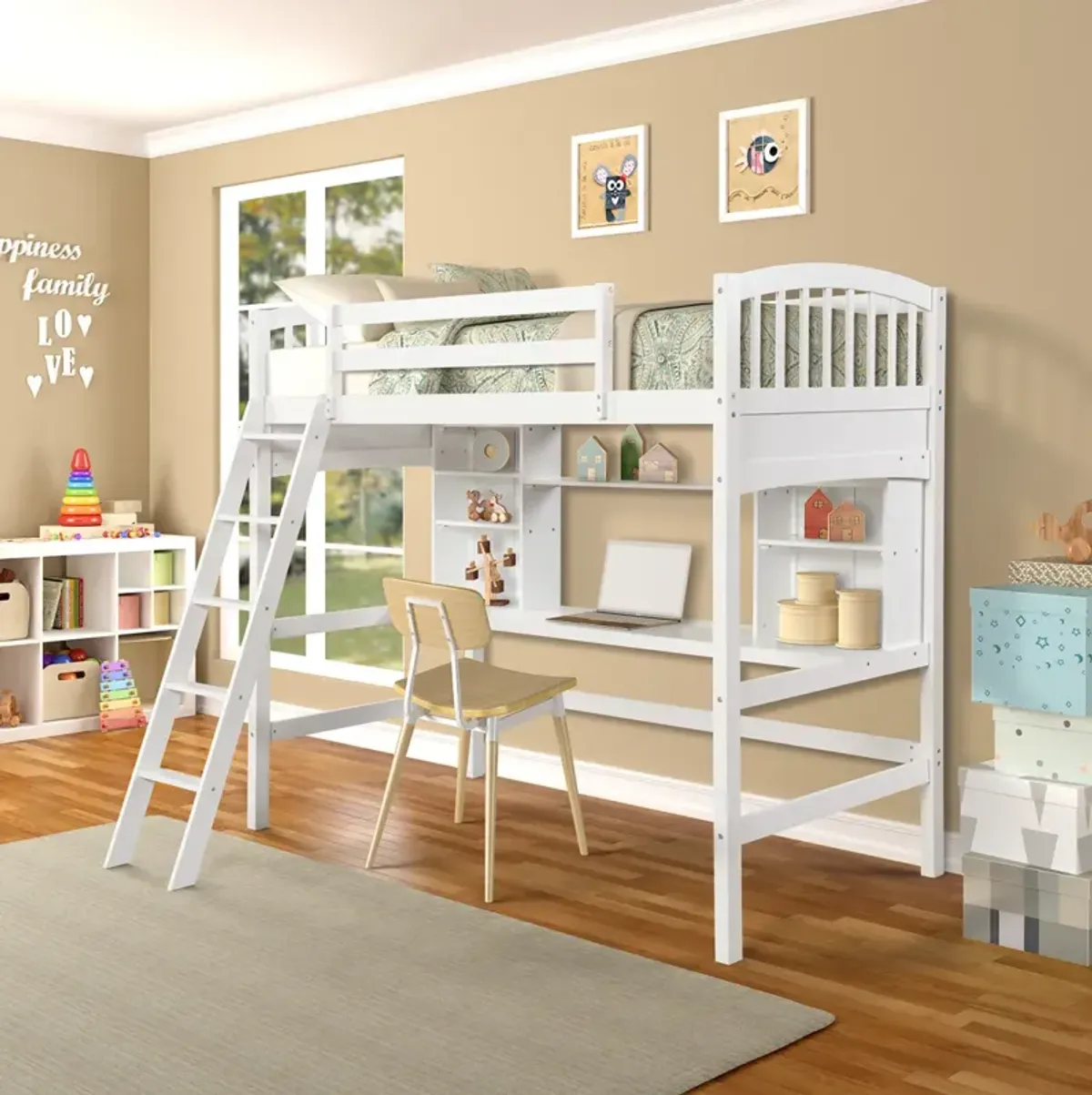 Twin Size Loft Bed With Storage Shelves, Desk And Ladder