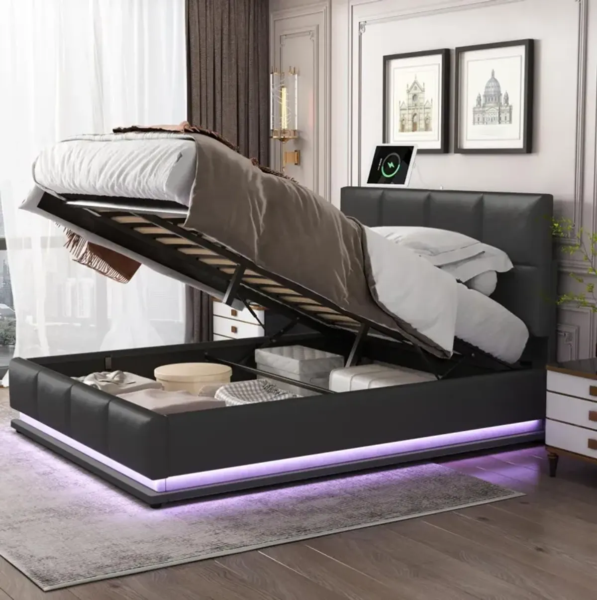 Queen Size Tufted Storage Bed with LED Lights & USB Charger