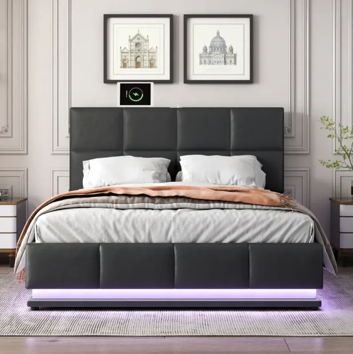 Queen Size Tufted Storage Bed with LED Lights & USB Charger