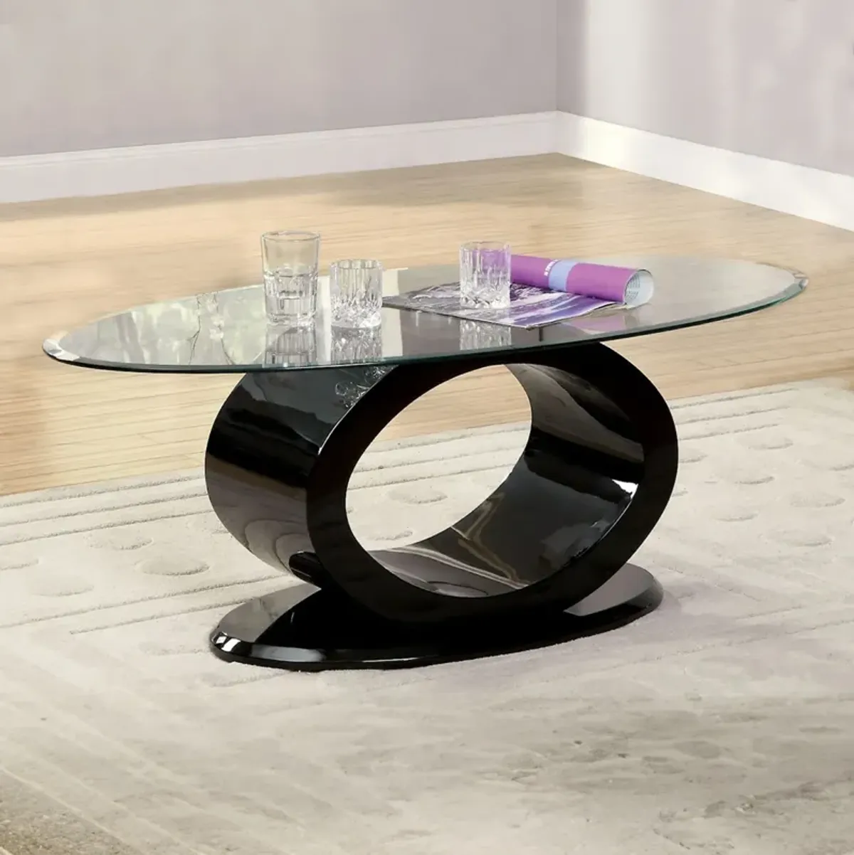 Contemporary Tempered Glass Top Coffee Table with O Shape Base, Black-Benzara