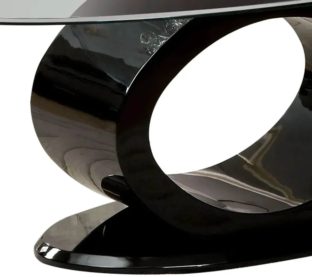 Contemporary Tempered Glass Top Coffee Table with O Shape Base, Black-Benzara