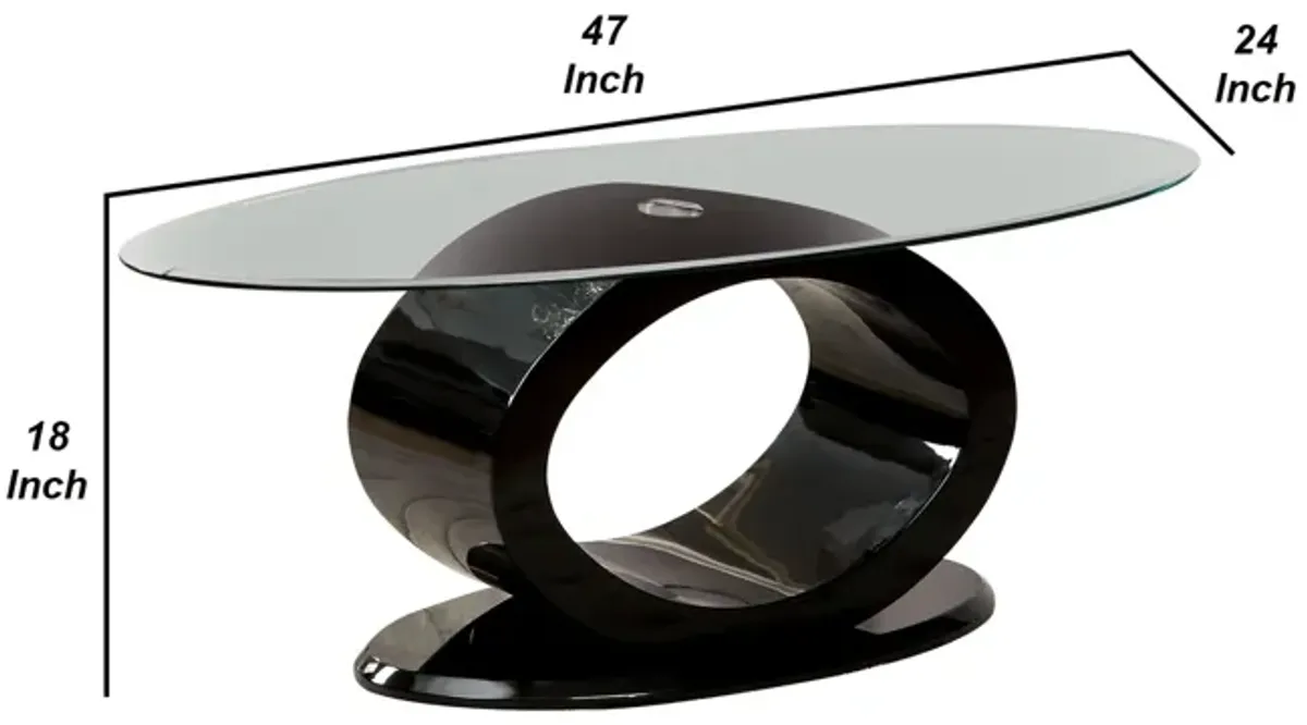 Contemporary Tempered Glass Top Coffee Table with O Shape Base, Black-Benzara