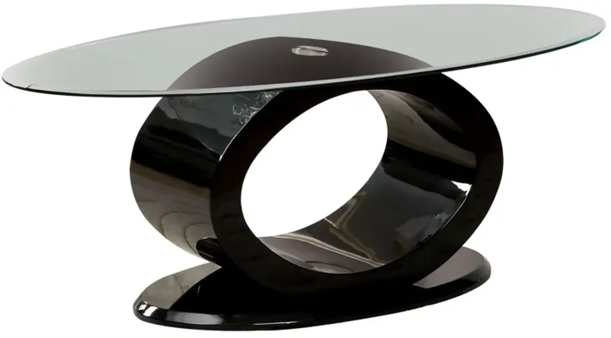 Contemporary Tempered Glass Top Coffee Table with O Shape Base, Black-Benzara