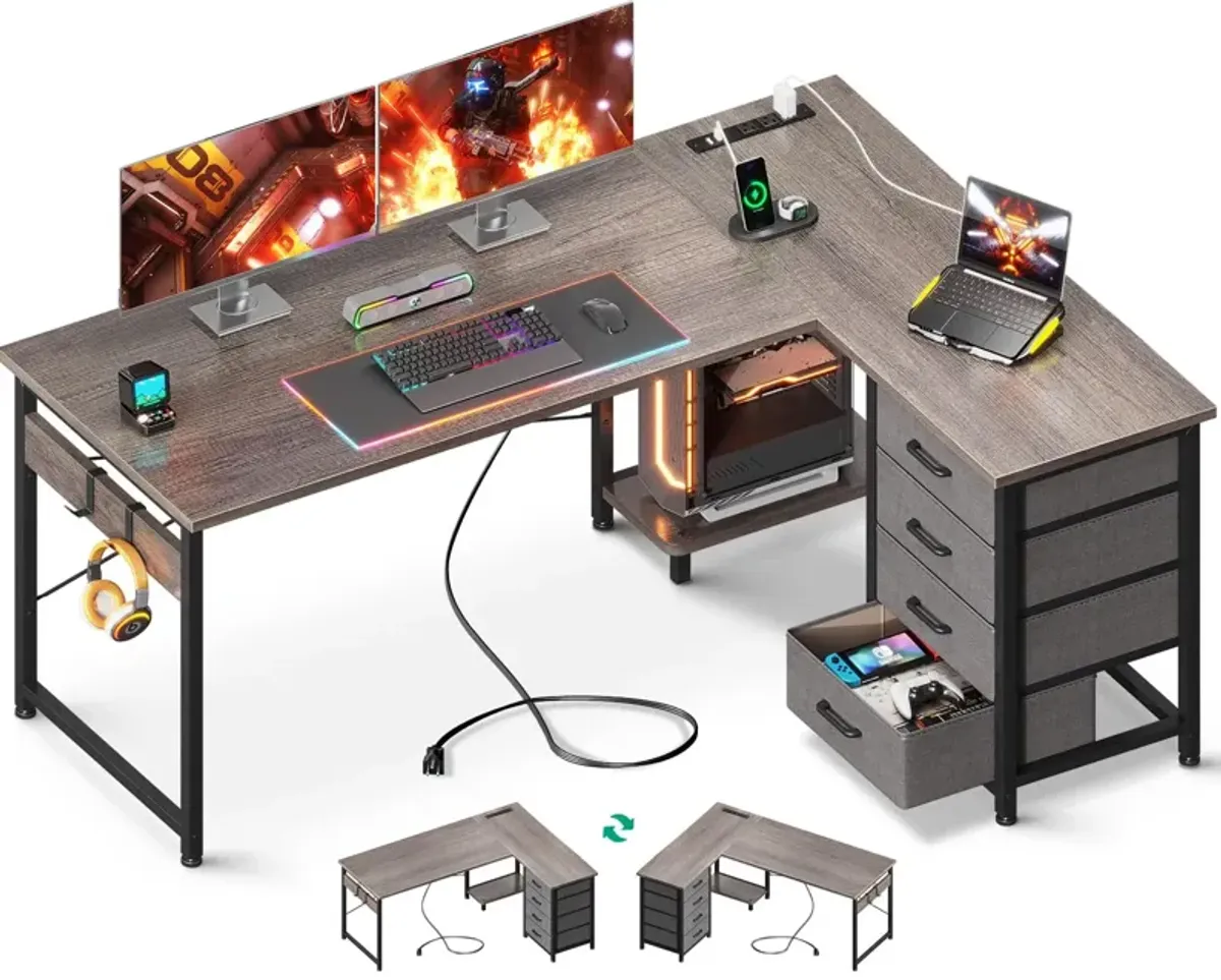 AODK L Shaped Desk with 4 Tier Drawers, 53 Reversible Gaming Desk with Power Outlets, L Shaped Computer Desk with USB Charging