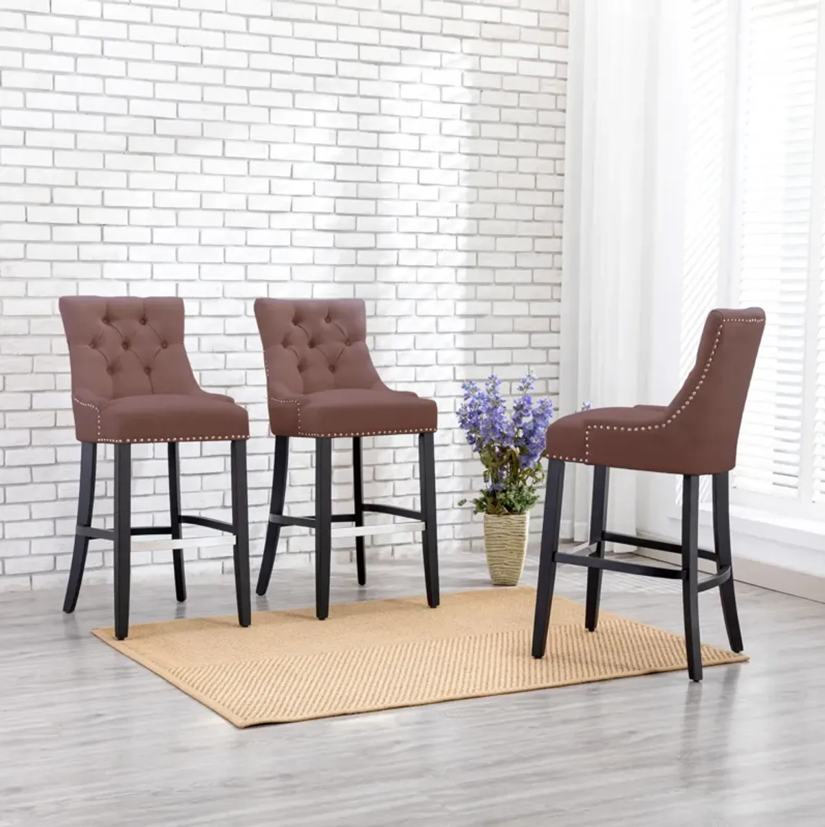 WestinTrends 29" Linen Fabric Tufted Upholstered Bar Stool (Set of 3), Black