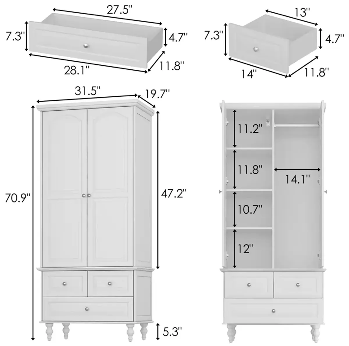 White Paint Wood 2-Door Armoires with Hanging Rod, 3-Drawers, Adjustable Shelves 70.9 in. H x 31.5 in. W x 19.7 in. D