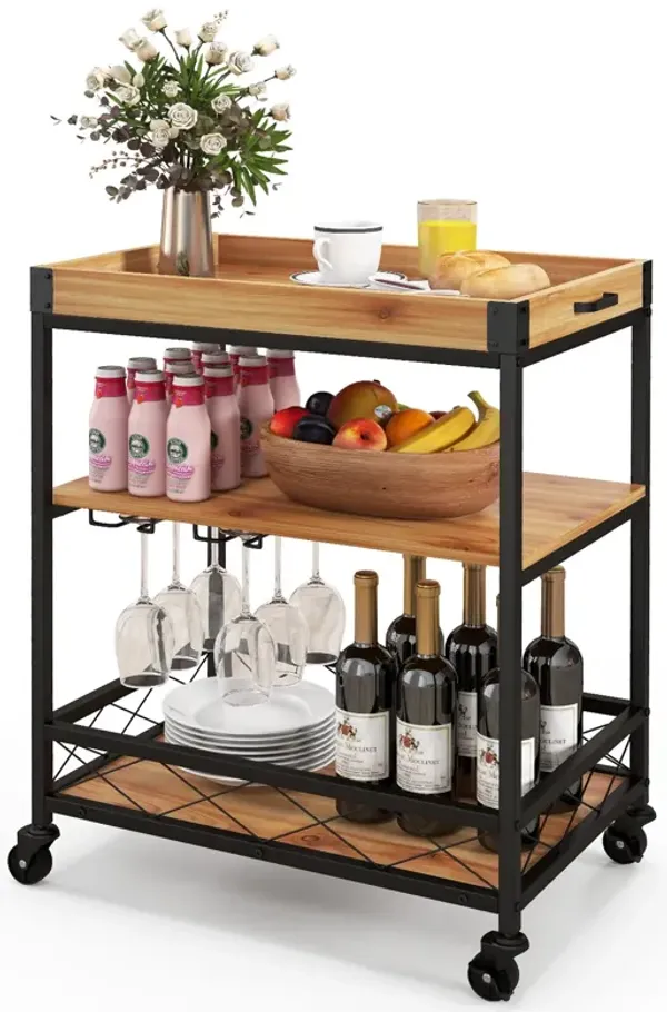 3 Tiers Industrial Bar Serving Cart with Utility Shelf and Handle Racks-Natural